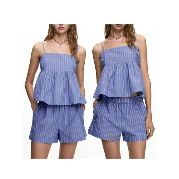 Biezeib Women 2 Piece Pajamas Set Striped Print Cutout Camisole and Elastic Waist Shorts for Loungewear Soft Sleepwear