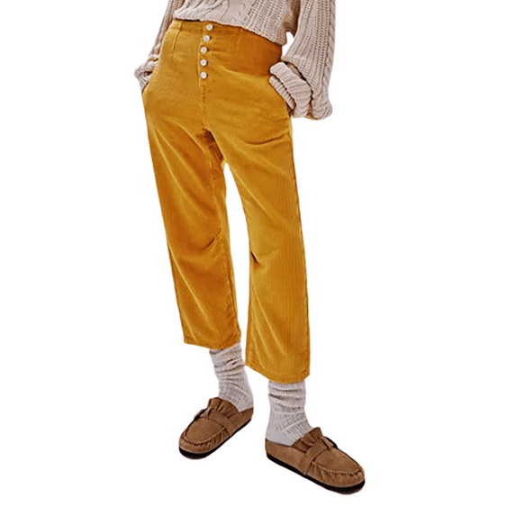 Biezeib Women Autumn Casual Corduroy Pants Solid Color Button Straight Leg Pants with 2 Pockets