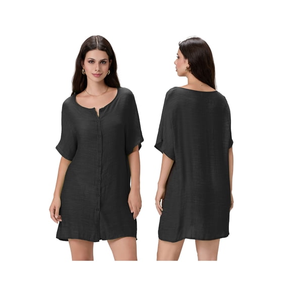 Biezeib Women Bikini Cover-Ups Solid Color Crew Neck Short Sleeve Button-Down Summer Shirts Mini Beach Dress