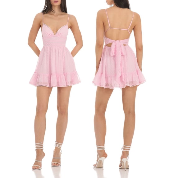 Biezeib Women Cami Dress Swiss Dot V-Neck Spaghetti Strap Sleeveless Mini Dress A-line Dress Summer Tie-Up Backless Dress