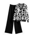 thumbnail image 1 of Biezeib Women Fall Pants Outfits Print V-Neck Long Sleeve Buttons Knit Sweater Cardigan Wide-Leg Pants 2 Pieces Clothes Set, 1 of 9