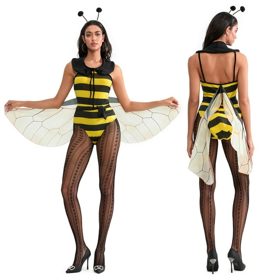 Biezeib Women Halloween Costume Classic Striped Bee Bodysuit Collar Wings Set for Cosplay Role-Playing Party Outfits
