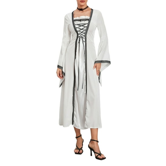 Biezeib Women Halloween Dress, Long Sleeve Tie-up Medieval Dress Long Dress for Cosplay Party