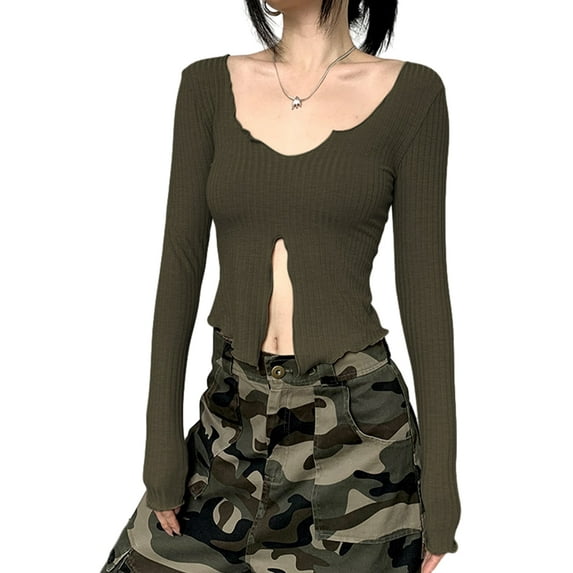 Biezeib Women Knit Tops, Long Sleeve T-shirt Solid Slim Fit Slit Fall Streetwear for Casual Daily