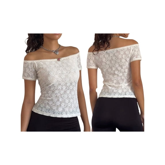 Biezeib Women Lace T-Shirts Short Sleeve Boat Neck Off Shoulder Shirts Summer Casual Slim Fit Tops Streetwear