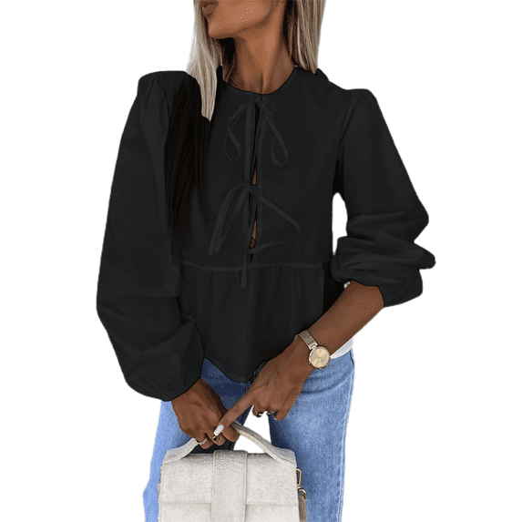 Biezeib Women Long Sleeve Shirts Solid Color Front Tie-Up Half Open Front Blouses Fashion Summer Casual Tops