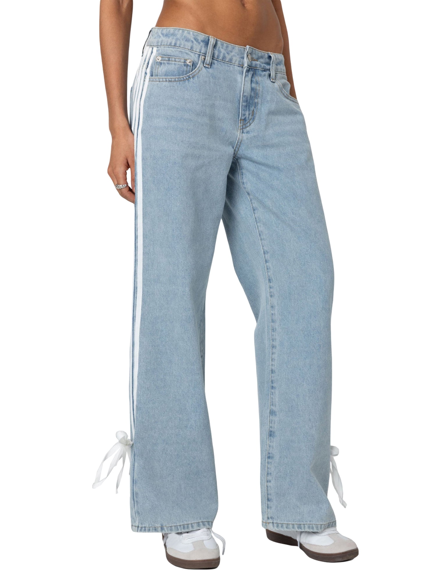 【BAON】Dilfree Sideline Rope Banding Denim Pants Biezeib Women Low Rise Jeans Side Stripe Tie Bow Straight