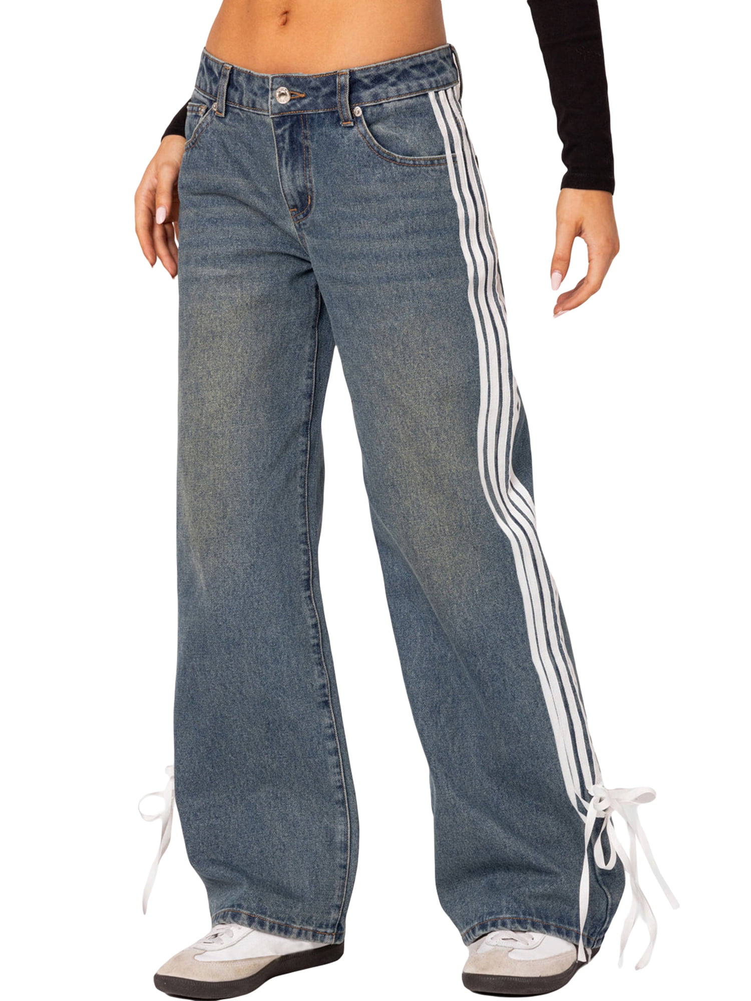 Biezeib Women Low Rise Jeans Side Stripe Tie Bow Straight Leg