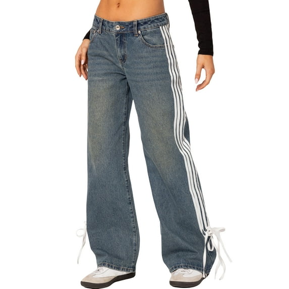 Biezeib Women Low Rise Jeans Side Stripe Tie Bow Straight Leg Denim Pants with Pockets for Summer/Spring