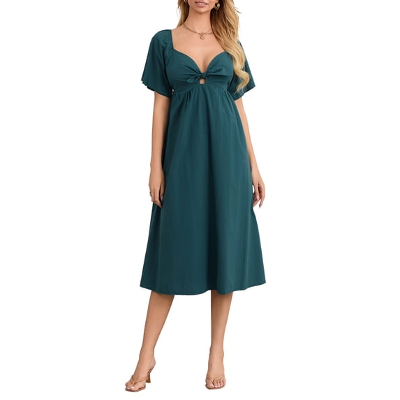 Biezeib Women Midi Dress Solid Color V-Neck Tie Knot Front Ruched Short Sleeve Dress Summer Casual Dress A-line Dress