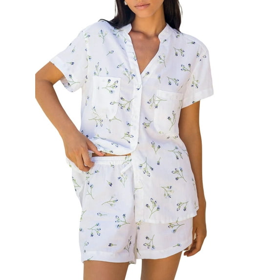 Biezeib Women Pajama Set, Flower/Leaves Print Short Sleeve Button Closure Shirt with Shorts Sleepwear Loungewear