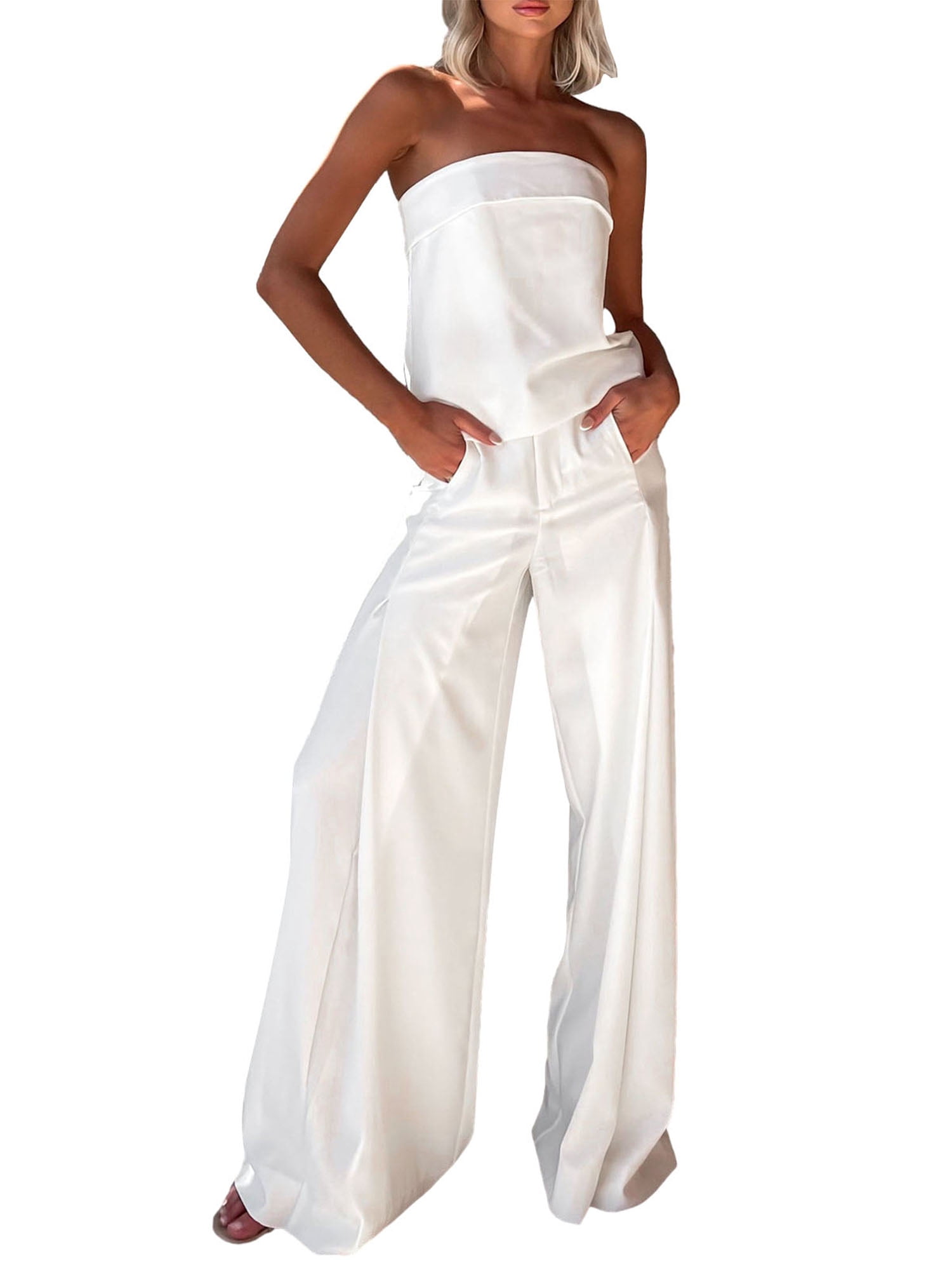 Biezeib Women Pants Set, Strapless Backless Tube Top with Wide Leg ...