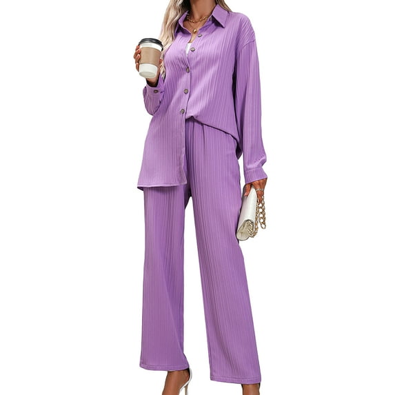 Biezeib Women Pants Suit, Elegant Long Sleeve Shirt with Elastic Waist Pants Solid Office Outfit