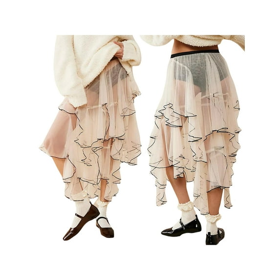 Biezeib Women Sheer Tulle Skirt Casual Summer Irregular Layered Ruffled Elastic Skirt for Beach Vacation Club Streetwear
