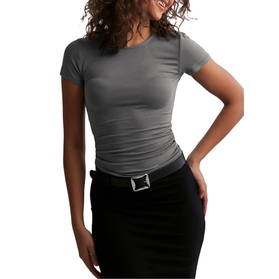 Biezeib Women Short Sleeve T-Shirts Solid Color Crew Neck Shirts Summer Casual Slim Fit Tops Streetwear