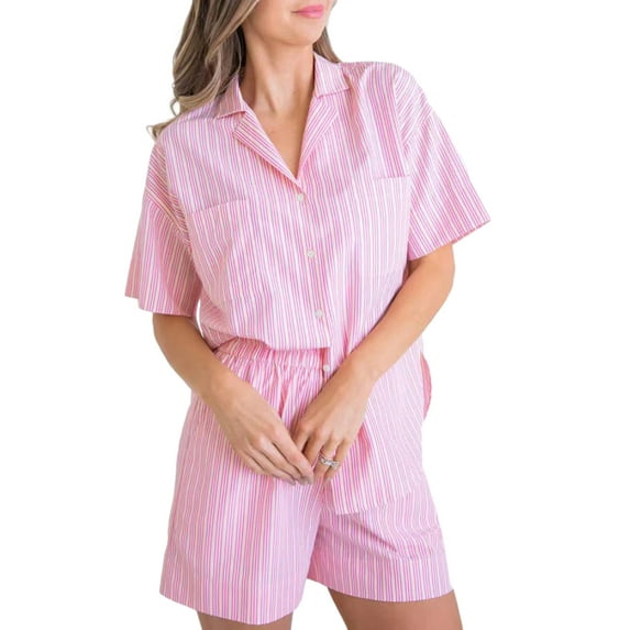 Biezeib Women Striped Pajama Set, Short Sleeve Button Closure Shirt with Shorts Sleepwear Loungewear