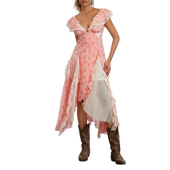 Biezeib Women Summer Casual Midi Dress Floral Print Ruffles Fly Sleeve V-Neck Dress Fashion Holiday Beach Dress