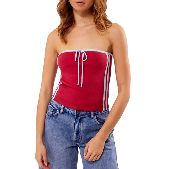 Biezeib Women Summer Knit Tube Tops Striped Print Drawstring Bandeau Vest Backless Shirts for Streetwear Aesthetic Clothes