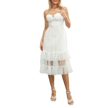 Biezeib Women Summer Midi Dress Solid Color Spaghetti Strap Sleeveless Cami Dress Summer Layered Tulle Ruffles Backless Party Dress