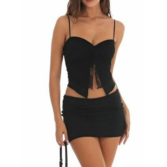 Biezeib Women Summer Skirts Outfits Lace Camisoles Slit Front Sleeveless Tank Tops Mini Skirts 2 Pieces Clothes Set
