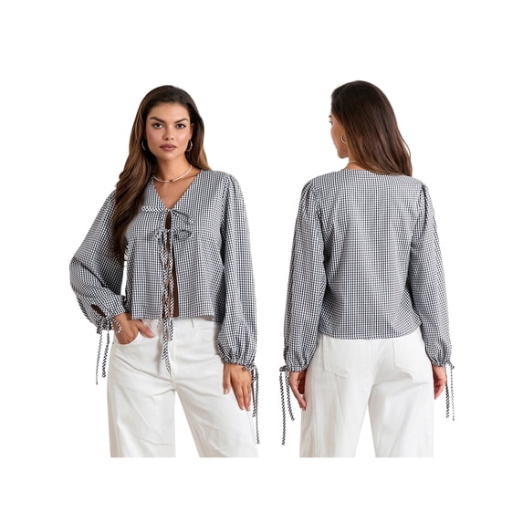 Biezeib Women T-shirt Elegant Long Sleeve Tie-up Plaid Loose Ladies Fall Tops Streetwear