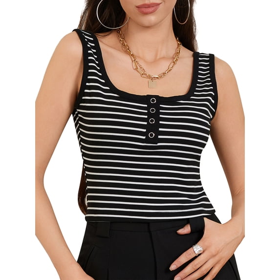 Biezeib Women Tank Top, Sleeveless Square Neck Button Closure Slim Fit Striped Tops Summer Streetwear