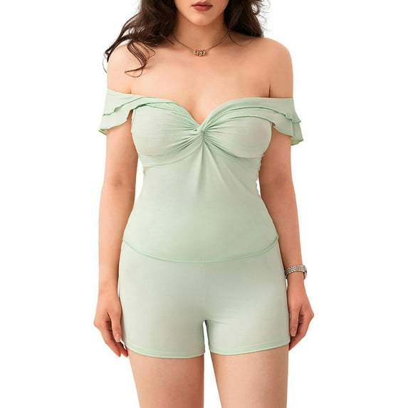 Biezeib Women Two Piece Outfits Sets Summer Off Shoulder Front Knot Tops Ruched Skinny Shorts Sets