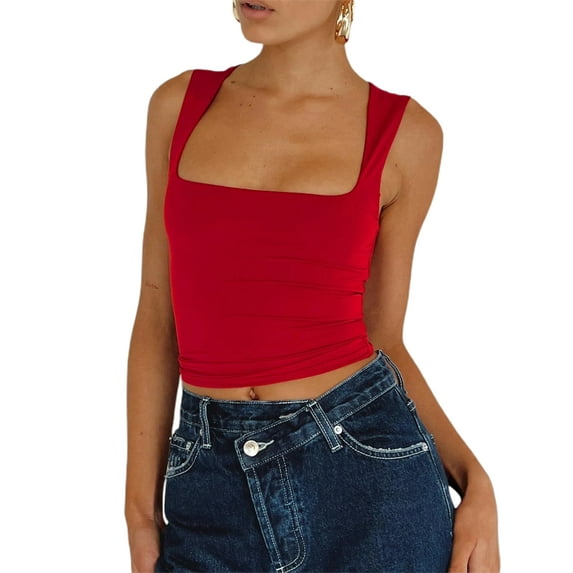 Biezeib Women Wide Straps Camisoles Solid Color/Floral Print Sleeveless Sling Tank Tops Summer Exposed Navel Vests Crop Tops Streetwear