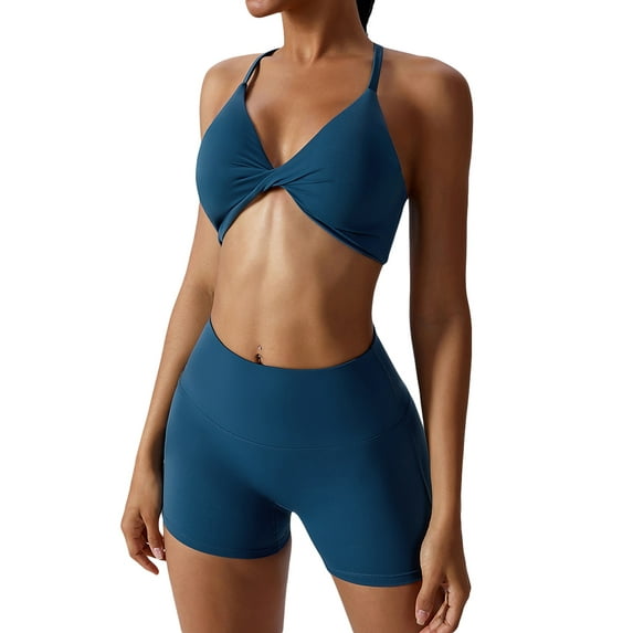 Biezeib Women’s 2 Piece Yoga Outfits Sleeveless Twist Front Sports Bra + Shorts Set Workout Clothes