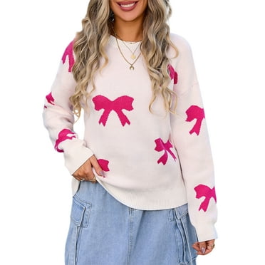 Biezeib Women's Bow Print Fall Sweater Long Sleeve Round Neck Loose Knitwear Sweet Pullover