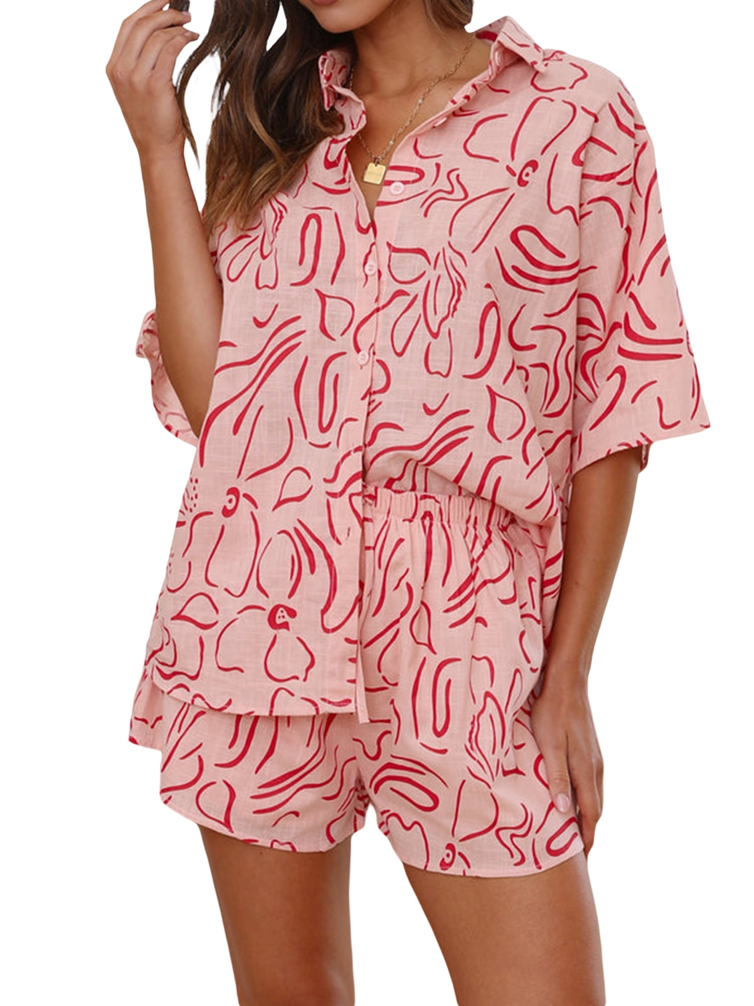 Women’s Button Shirt Two Piece Set with Drawstring Shorts