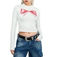 thumbnail image 1 of Biezeib Women's Crop Tops Tight Fitted Round Neck Long Sleeve Bow Print Showing Navel Short Tops Shirts for Spring Fall, 1 of 6