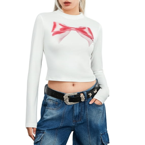 Biezeib Women's Crop Tops Tight Fitted Round Neck Long Sleeve Bow Print Showing Navel Short Tops Shirts for Spring Fall