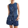 thumbnail image 1 of Biezeib Women's Denim Long Vest Tops Button-up Back Slit Sleeveless Pocket Round Neck Waistcoat, 1 of 6
