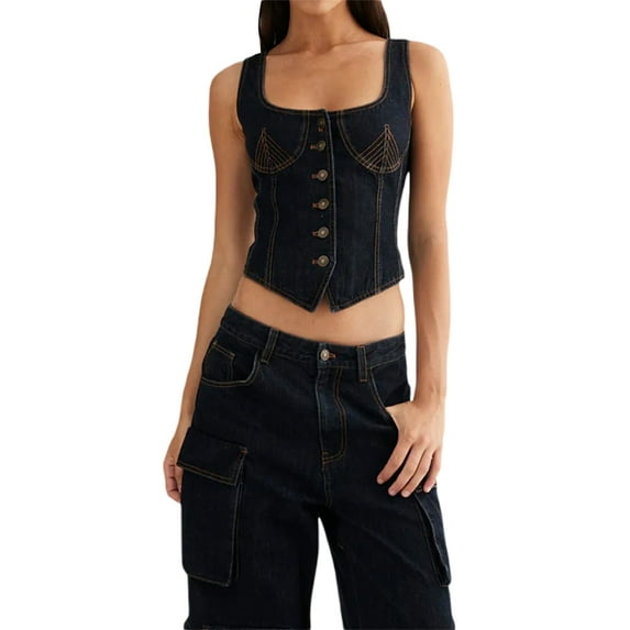 Biezeib Women's Denim Tank Tops Slim Square Neck Sleeveless Backless Button Down Vest for Party Club