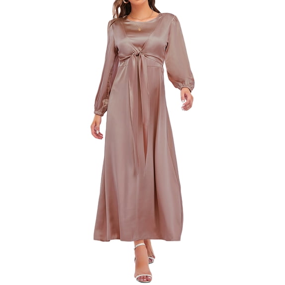Biezeib Women's Fall Midi Dress Long Sleeve Tie Knot Front Solid Color Satin Dress Long Flowy Dress