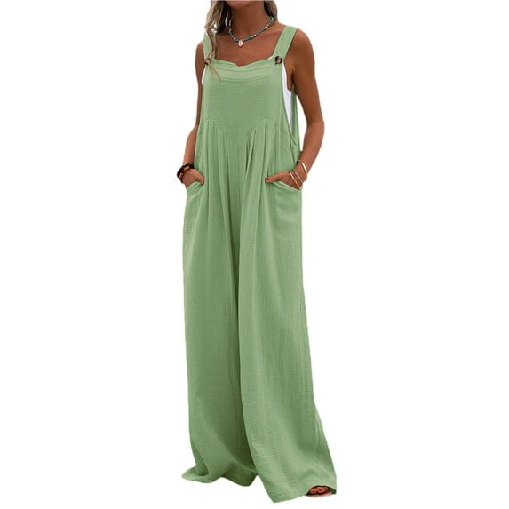 Biezeib Women’s Fashion Solid Color Jumpsuit Casual Button Wide Leg Suspender Overalls with Pockets