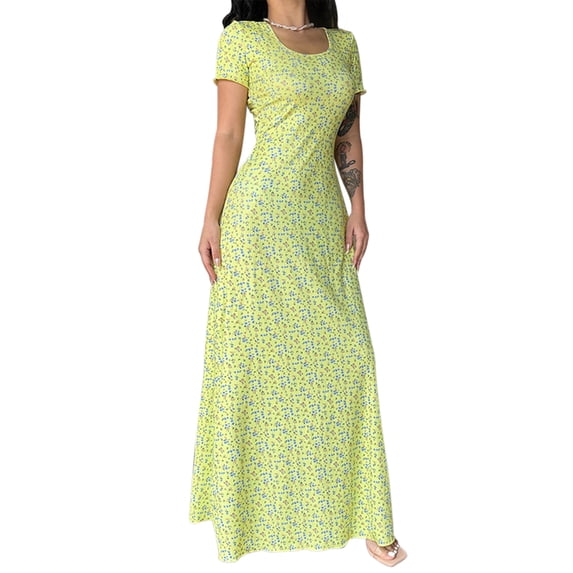 Biezeib Women's Floral Print Long Dress Short Sleeve U-Neck Tie Back A-Line Dress for Summer