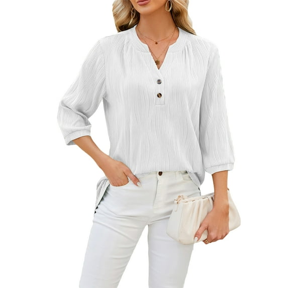 Biezeib Women's Henley Shirts 3/4 Sleeve Notched V Neck Solid Color Textured Tops Summer Blouses