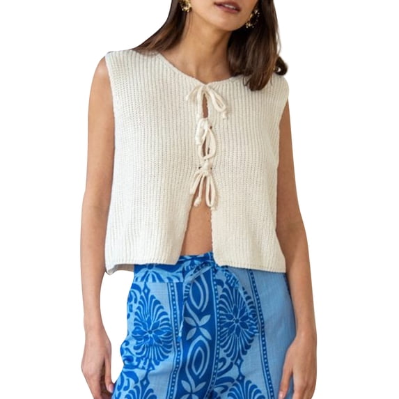 Biezeib Women's Knitted Tank Tops Bow Tie Closure Sleeveless Round Neck Ribbed Sweaters Vest