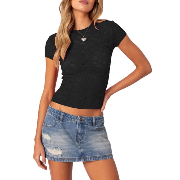 Biezeib Women's Lace Tops Casual Slim Fit Round Neck Short Sleeve T-Shirt Summer Clothes