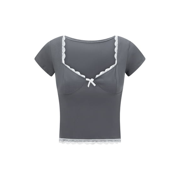 Biezeib Women's Lace Trim Cropped Tops Short Sleeve Sweetheart Neck Mini Bow Front Sweet Slim T-Shirt