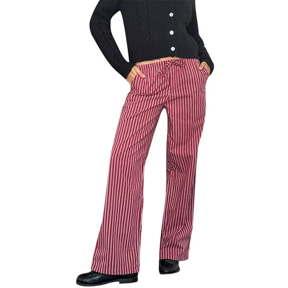 Biezeib Women's Long Drawstring Pants Casual Elastic Waist Wide Leg Plaid Trousers with Pockets for Summer Spring Fall