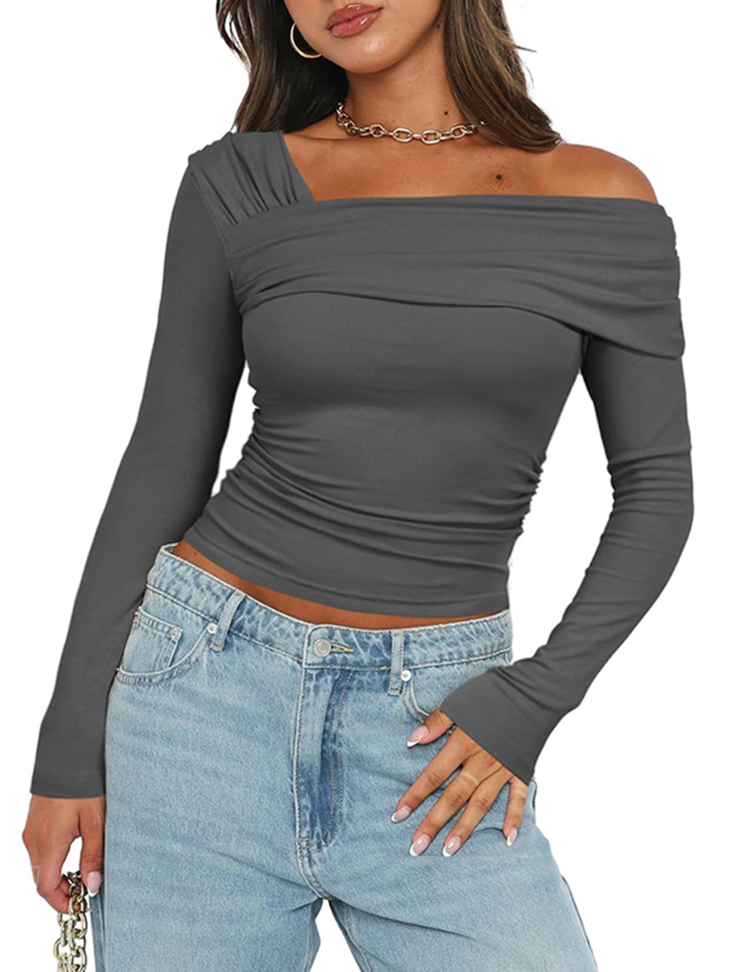 beeden OFF SHOULDER SIDE ZIP TOPS グレー Biezeib Women's Long Sleeve Tops Tight Fitted One Off