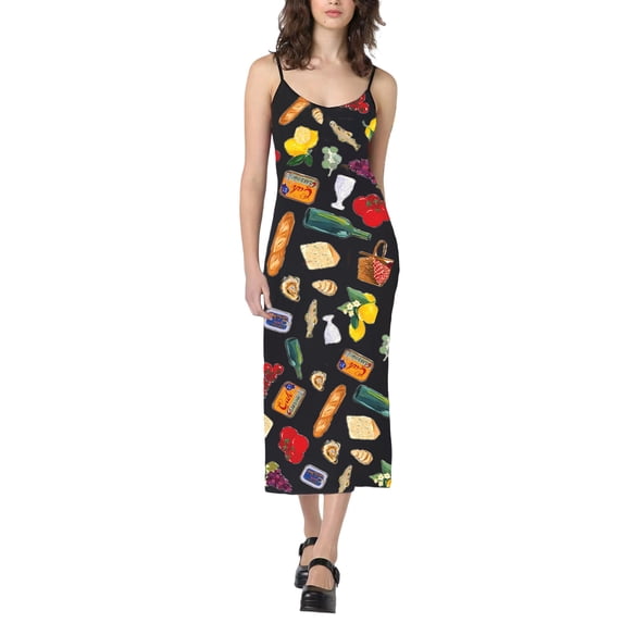 Biezeib Women's Long Slim Cami Dress Sleeveless Low Cut Open Back Flower/Food Print Beach Dresses
