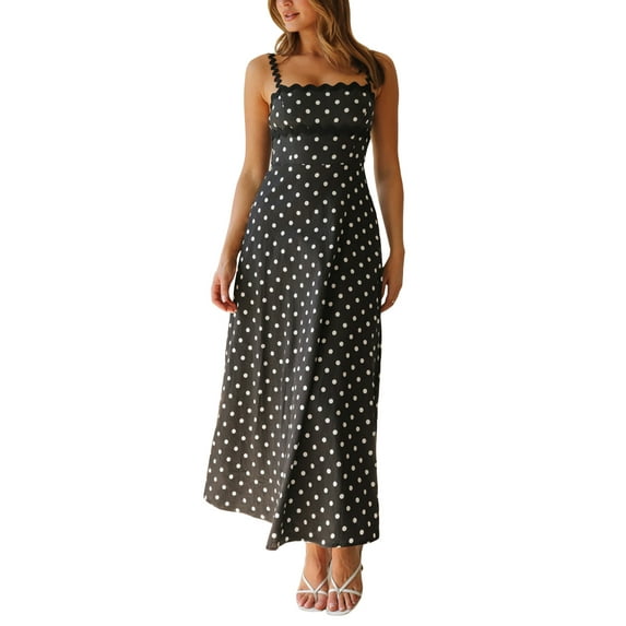 Biezeib Women's Midi Cami Dress Dot Print Square Neck Sleeveless A-Line Scalloped Dress for Party Club