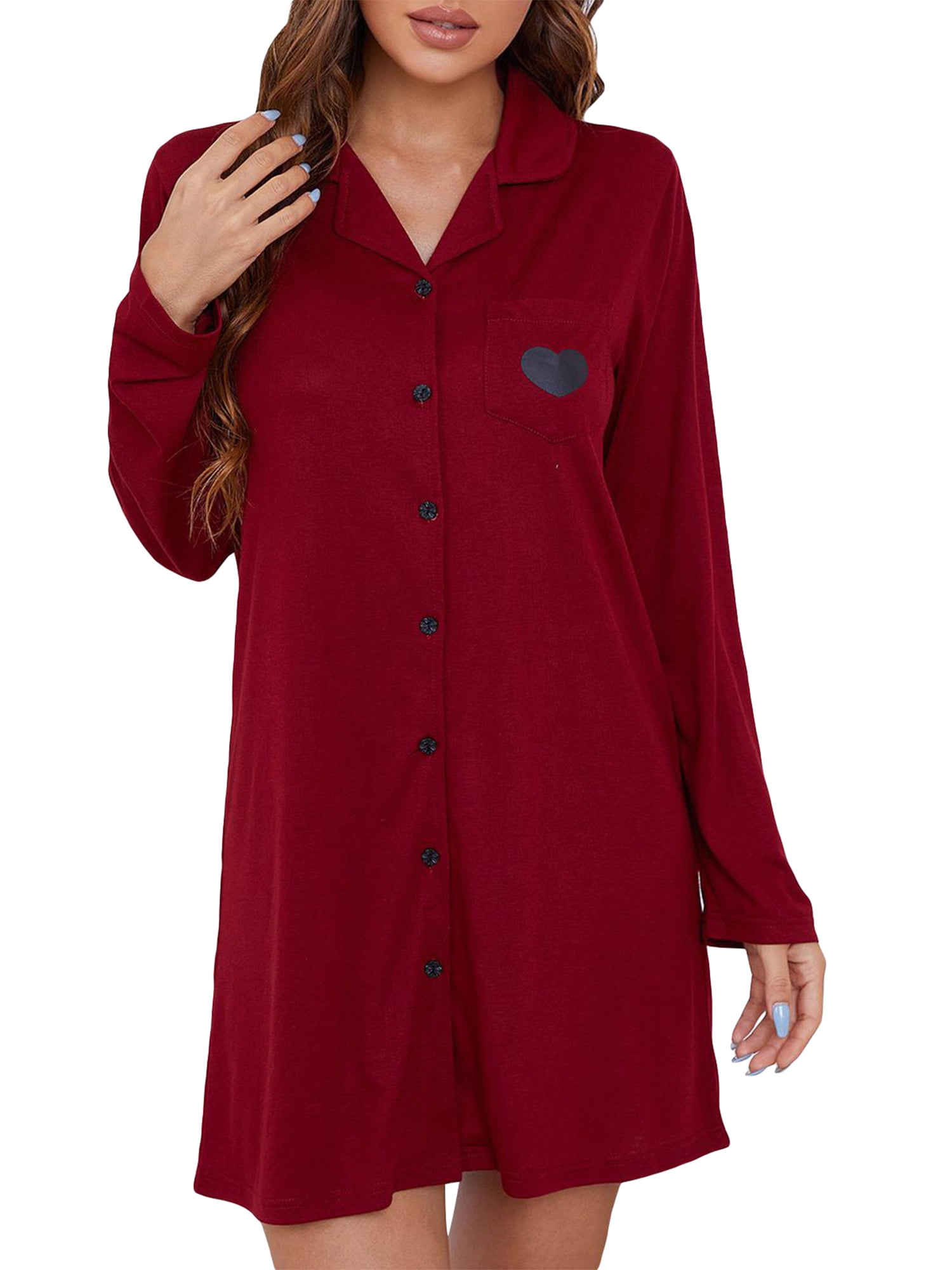 Biezeib Women's Nightgown Sleepwear Long Sleeve Button Down Nightshirt ...