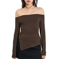 thumbnail image 1 of Biezeib Women’s Off Shoulder Split Tops Long Sleeve Solid Color Slim Fit T-Shirt Asymmetrical Blouses, 1 of 6