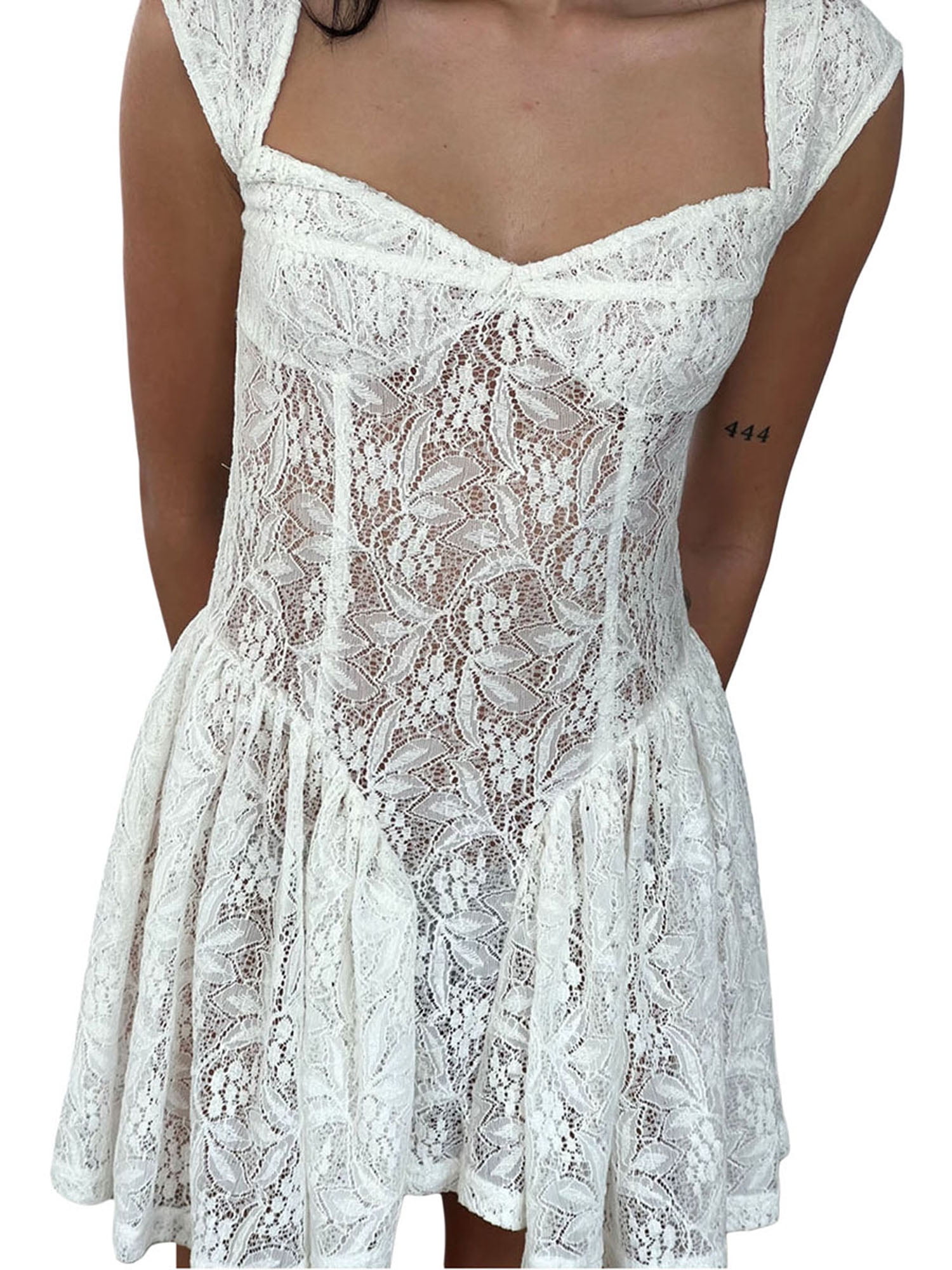 Biezeib Women’s SeeThrough Lace Dress, Sleeveless Sweatheart Neck