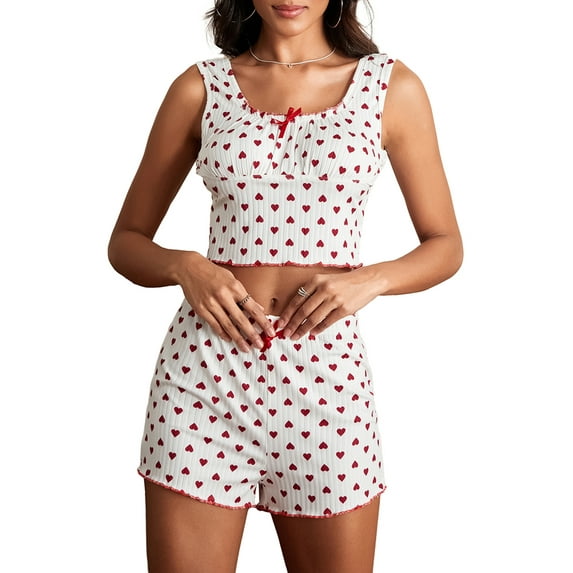 Biezeib Women's Shorts Loungewear Set Heart Print Mini Bow Cami Tops with Elastic Waist Shorts 2 Pieces Sleepwear